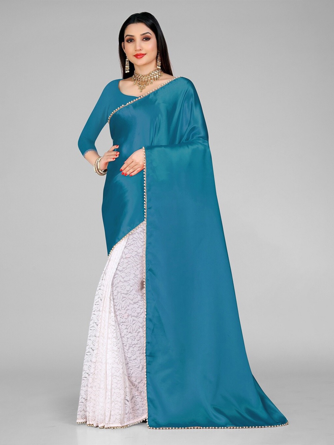 

LEOSAGI Floral Woven Design Satin Half and Half Bomkai silk Saree, Green