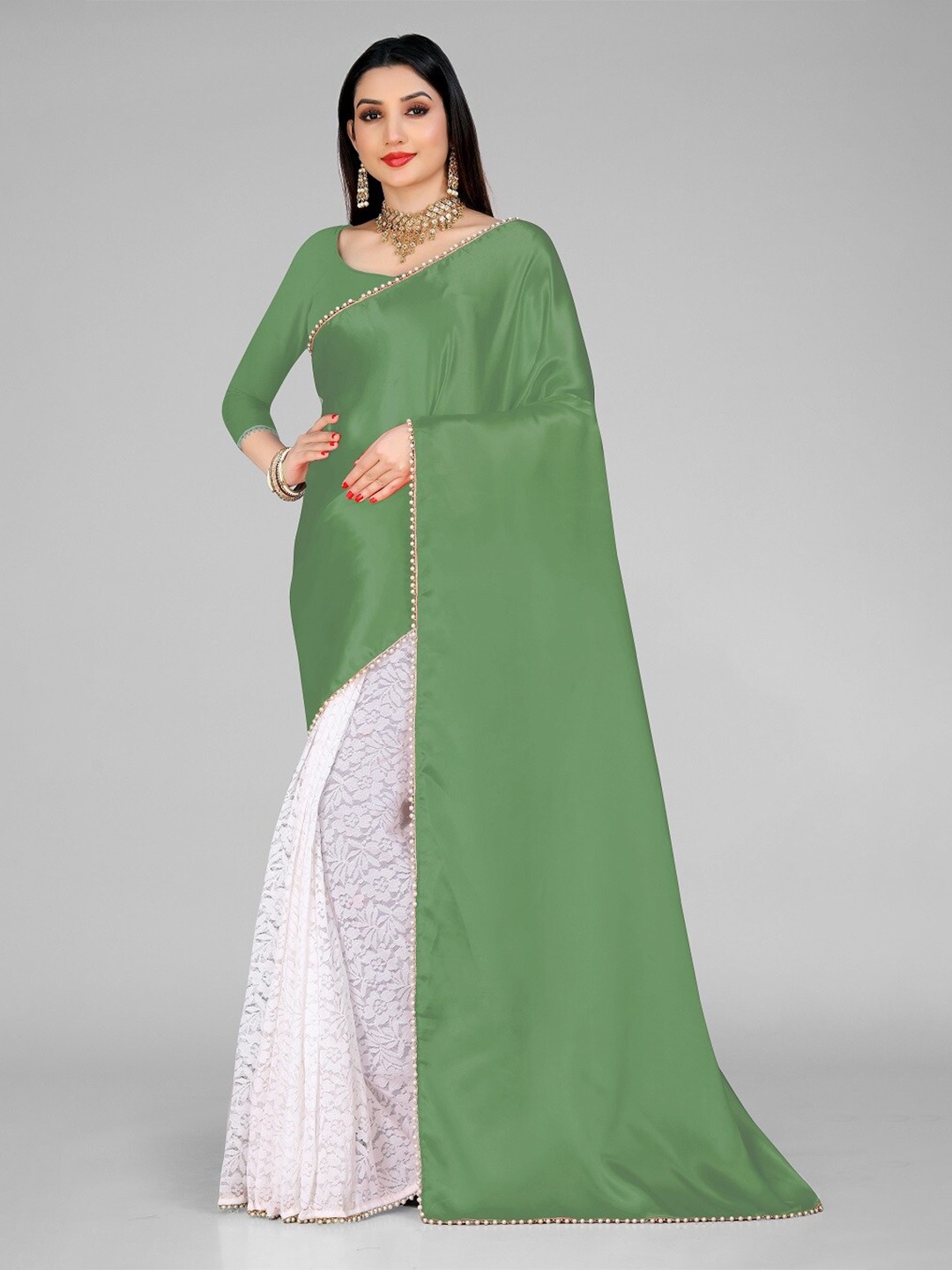 

LEOSAGI Floral Embroidered Satin Bomkai silk Saree, Green
