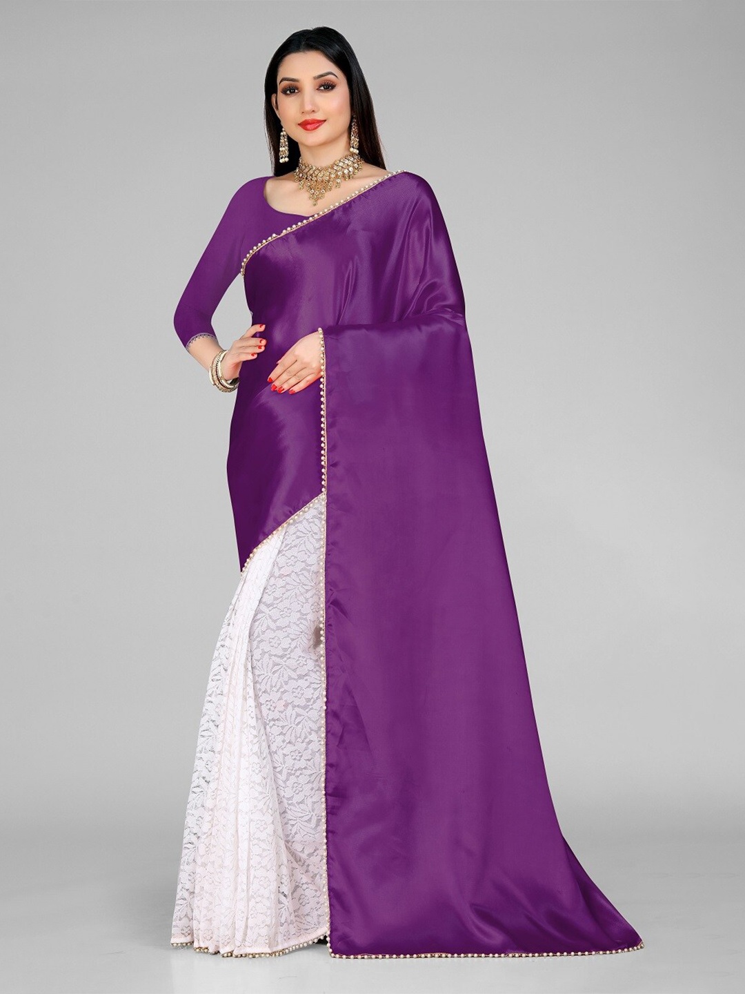 

LEOSAGI Floral Woven Design Satin Half and Half Bomkai silk Saree, Purple