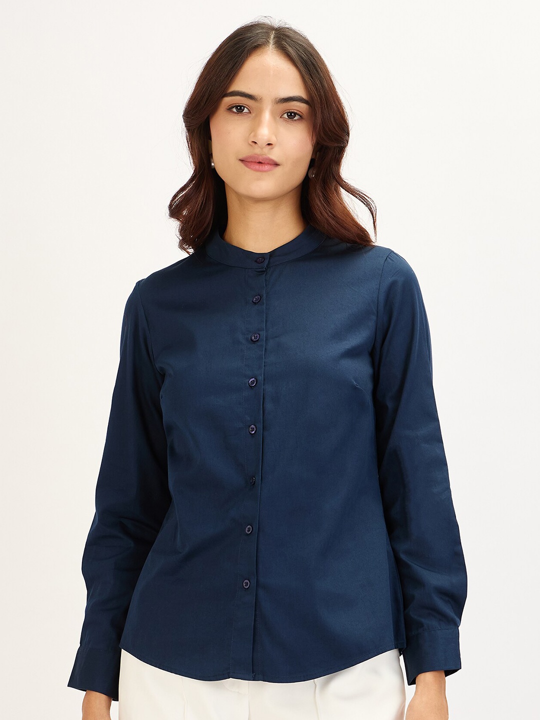 

SALT ATTIRE Band Collar Cotton Linen Formal Shirt, Navy blue