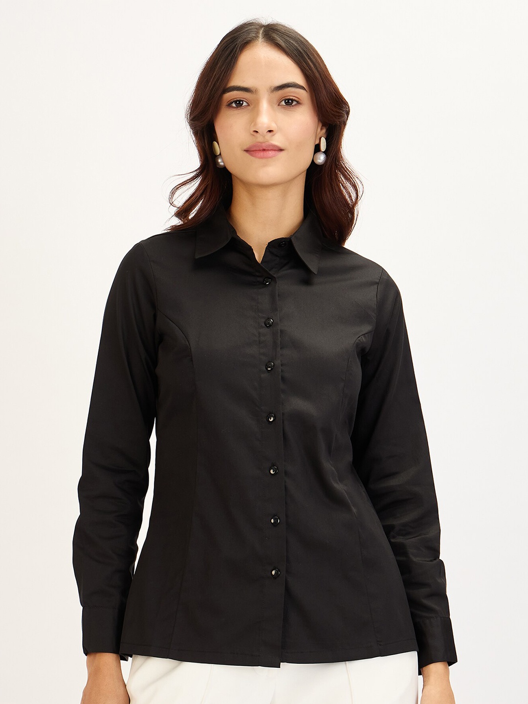 

SALT ATTIRE Spread Collar Cotton Linen Formal Shirt, Black