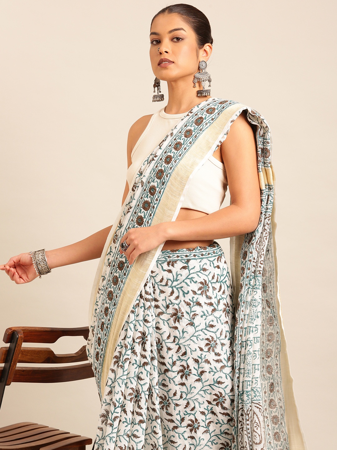 

Taavi Hand Block Printed Saree, Cream