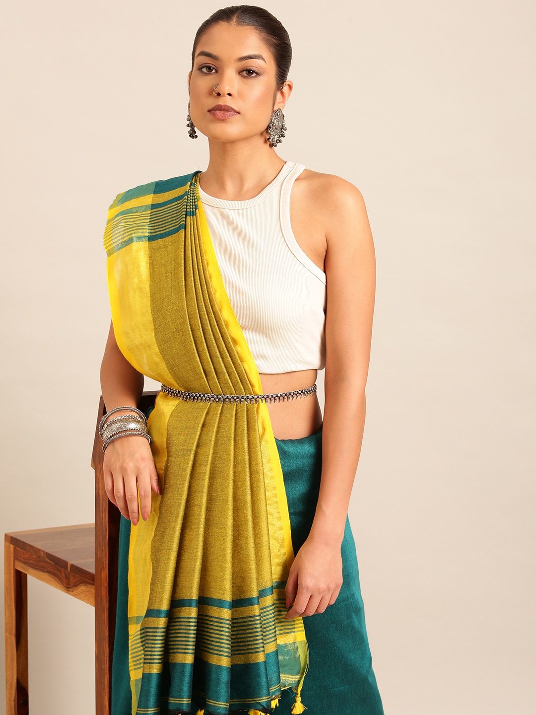 

Taavi Solid Zari Saree, Teal