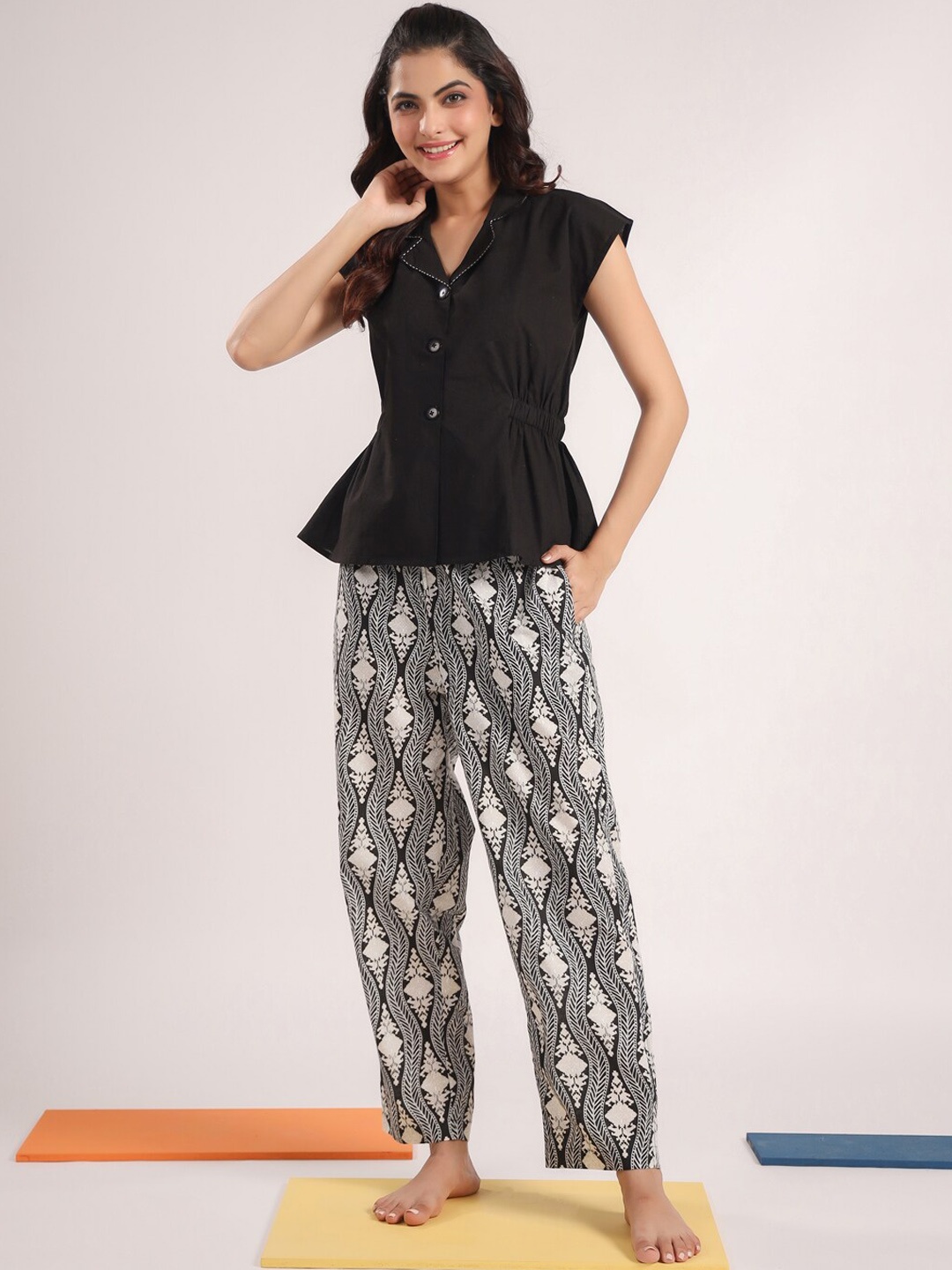 

SANSKRUTIHOMES Sleeveless Pure Cotton Top With Pyjamas, Black
