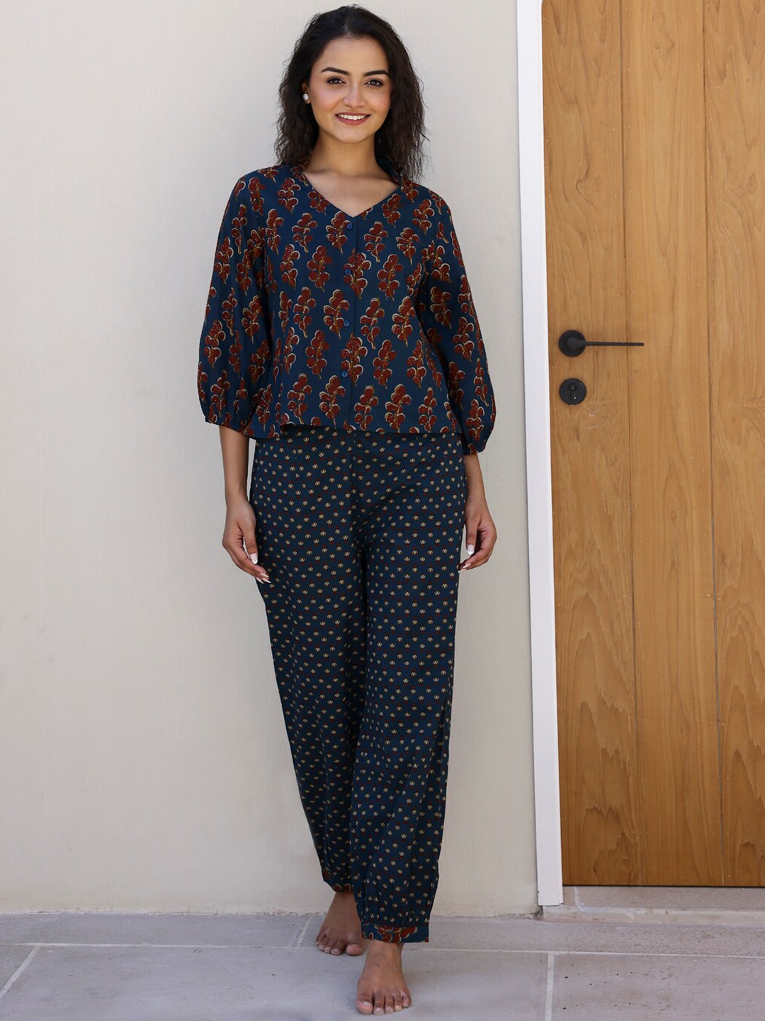 

SANSKRUTIHOMES Printed Pure Cotton Night Suit, Teal