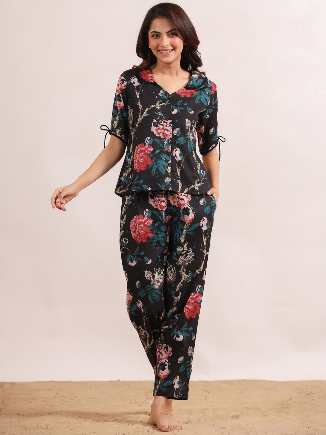 

SANSKRUTIHOMES Printed Pure Cotton Shirt With Pyjamas, Black