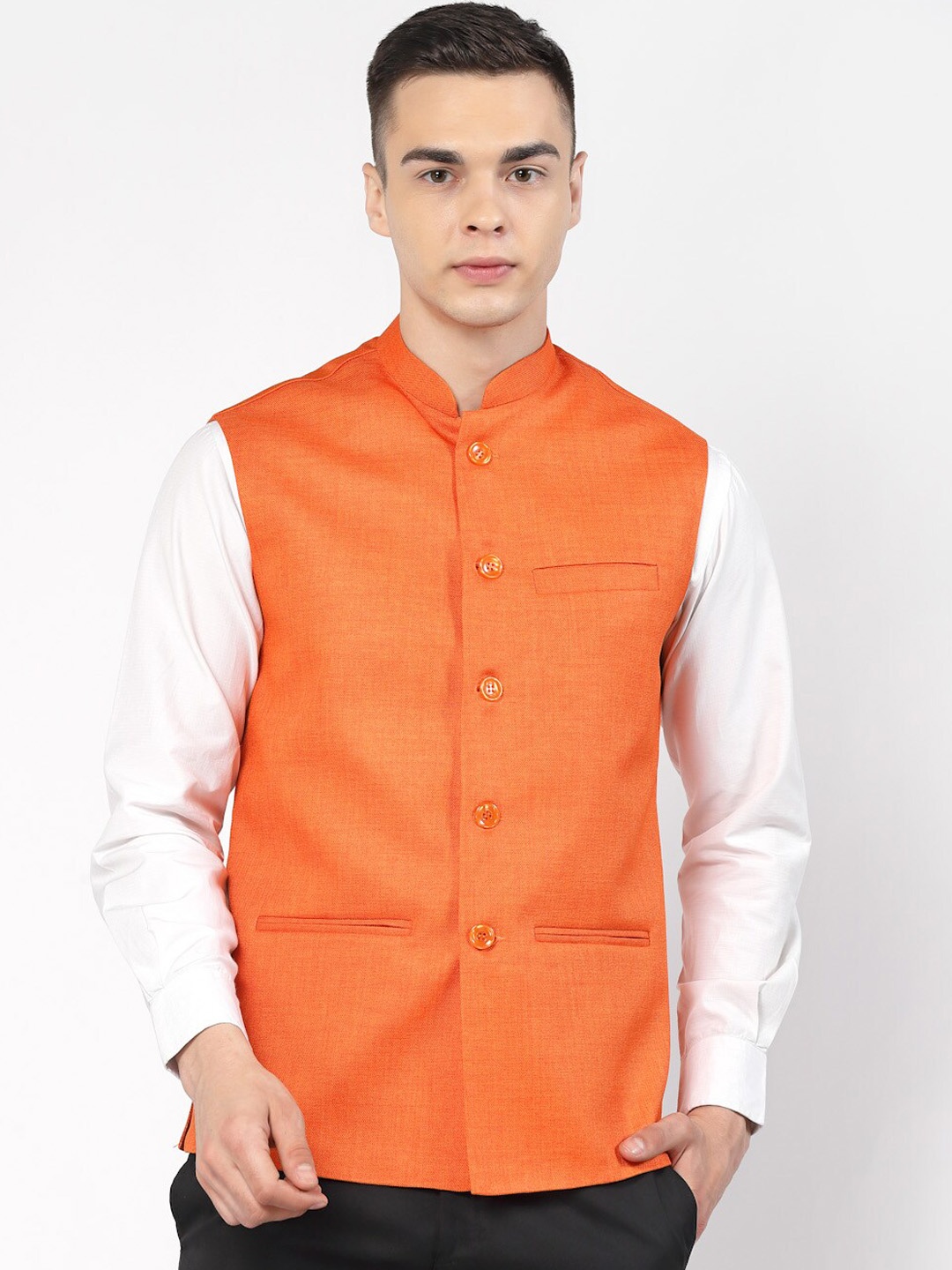 

Badoliya & Sons Woven Jute Cotton Nehru Jacket, Orange