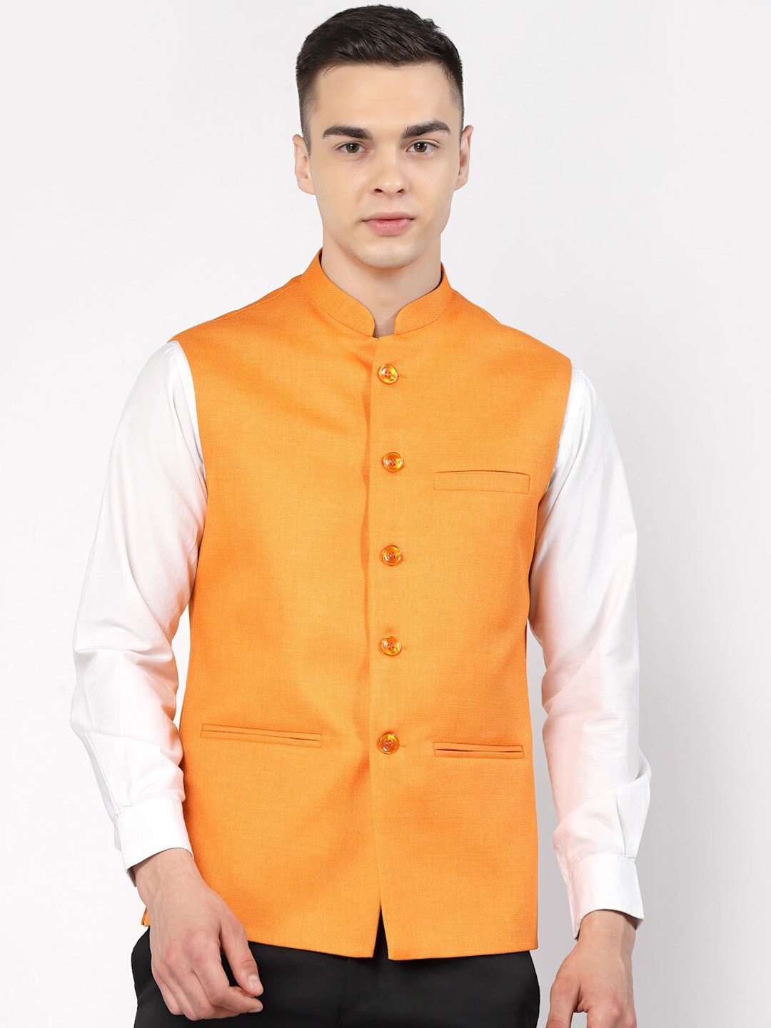 

Badoliya & Sons Woven Jute Cotton Nehru Jacket, Orange