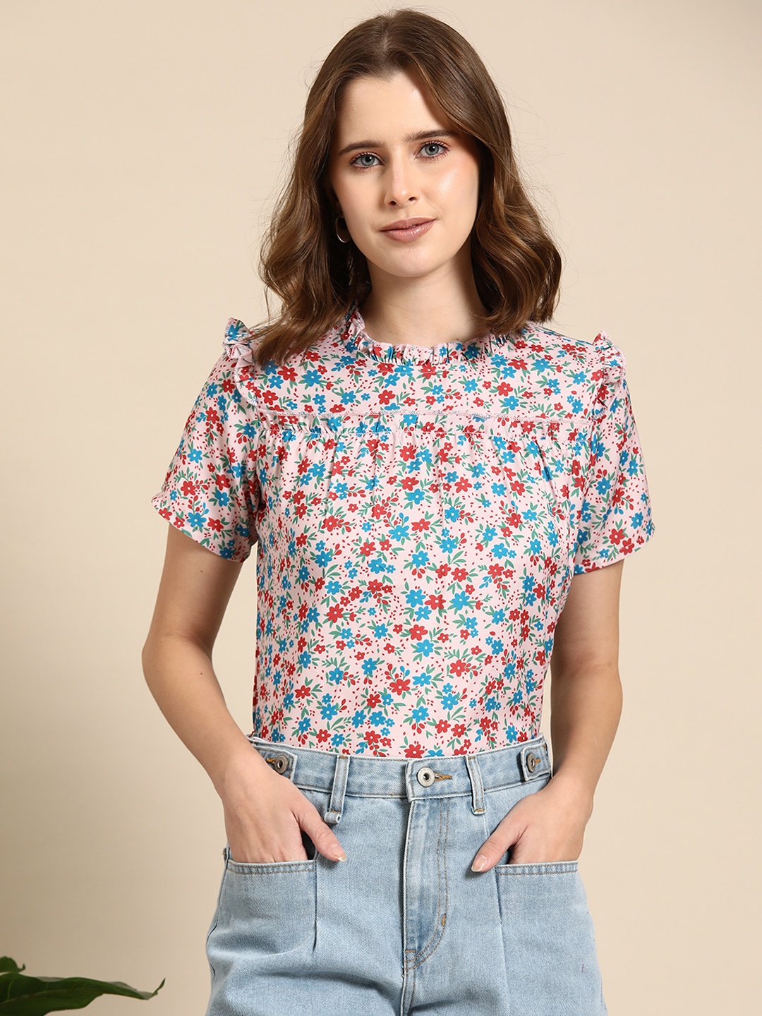 

Mast & Harbour Floral Print High Neck Ruffles Top, Off white