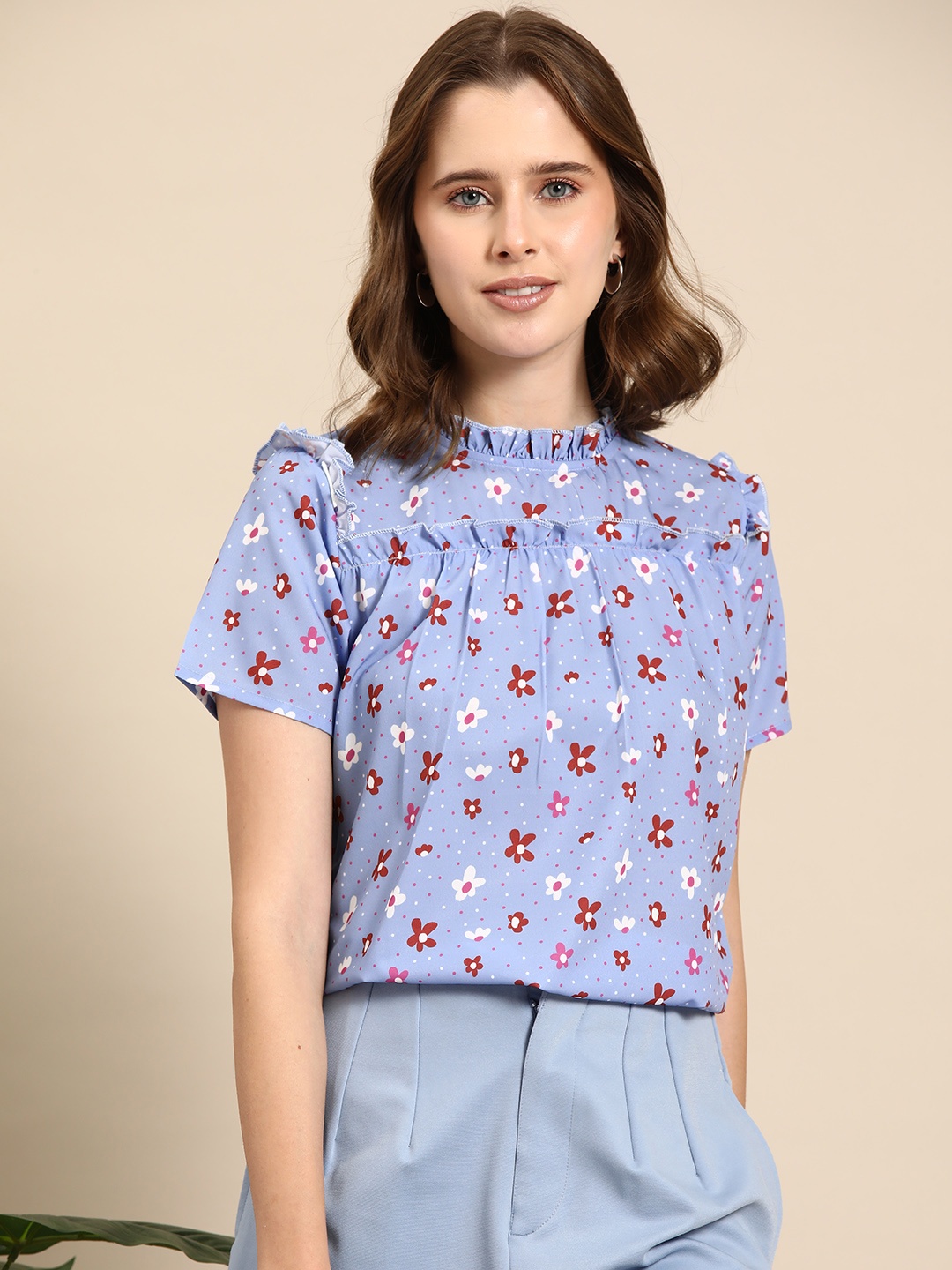 

Mast & Harbour Floral Print High Neck Ruffles Top, Blue