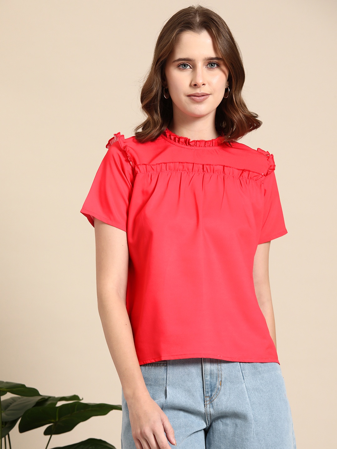 

Mast & Harbour High Neck Ruffles Top, Red