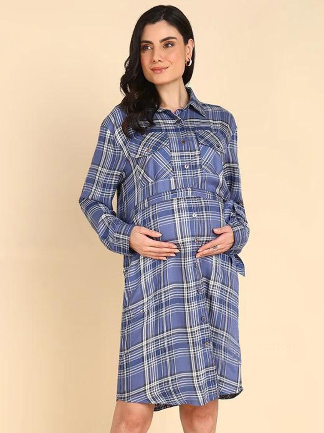 

House Of Zelena Checked Cuffed Sleeves Maternity Feeding Shirt Dress, Blue