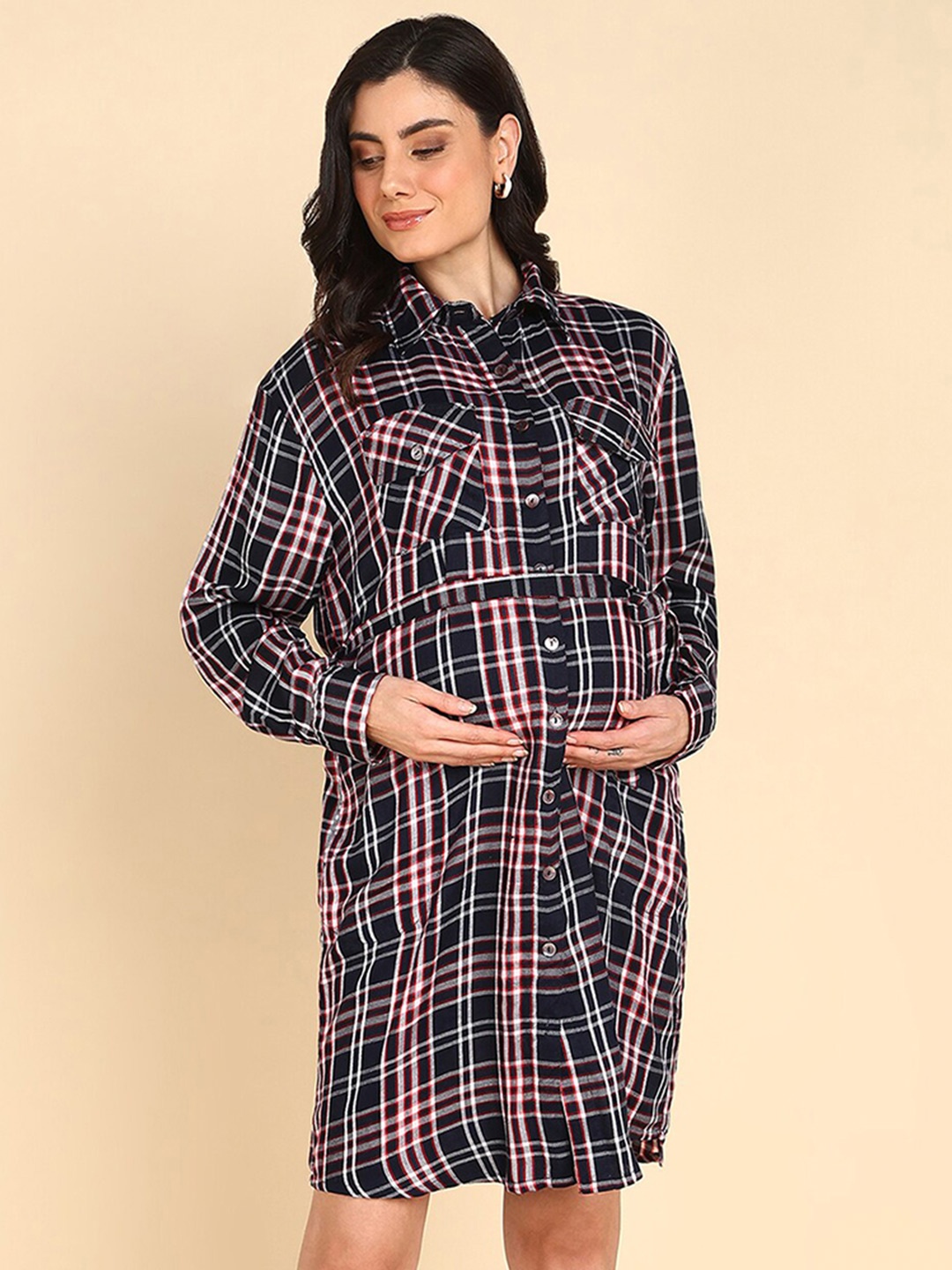 

House Of Zelena Checked Cuffed Sleeves Maternity Feeding Shirt Dress, Black