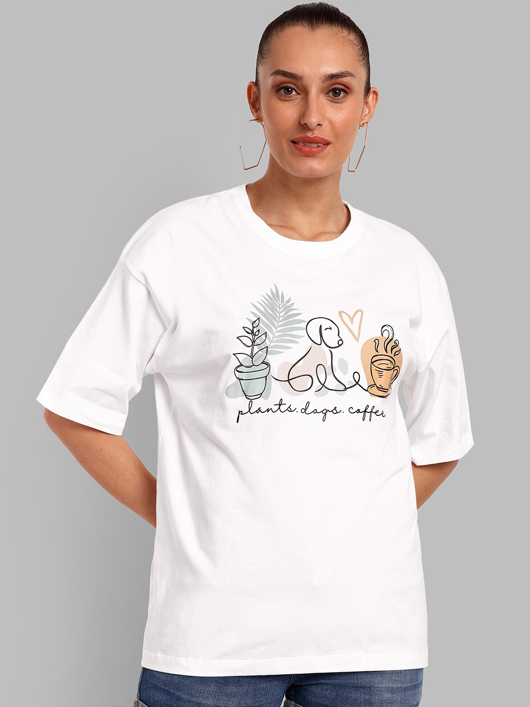 

HEYLAY Printed Round Neck Short Sleeves Pure Cotton Applique T-shirt, White