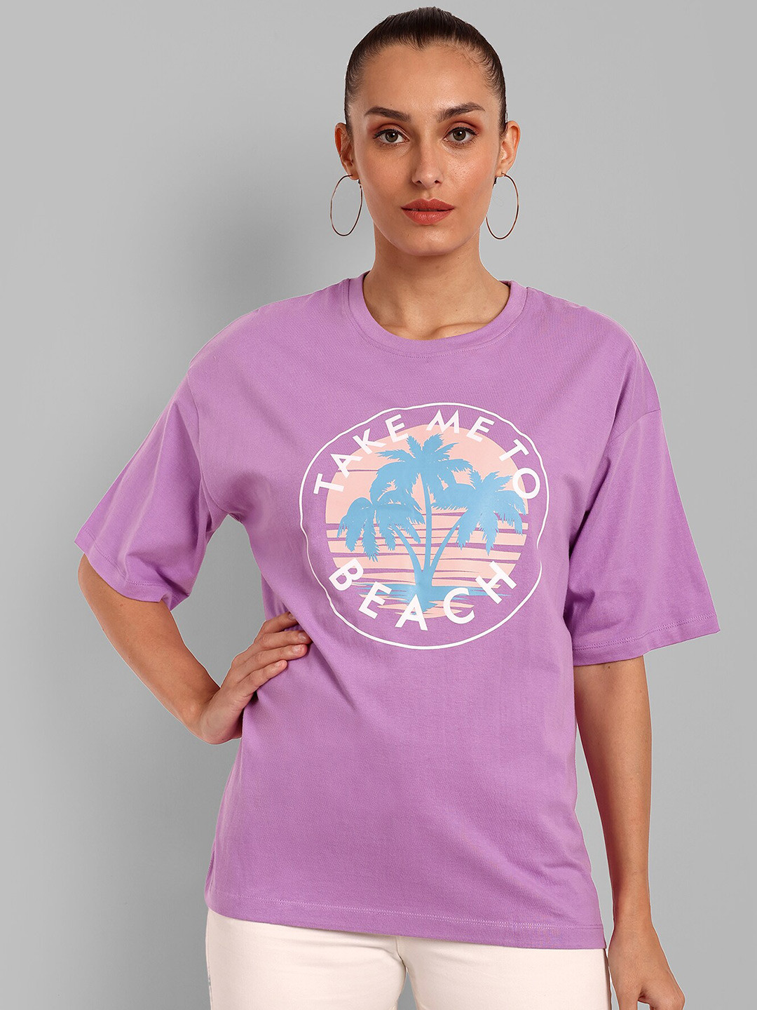 

HEYLAY Printed Round Neck Short Sleeves Pure Cotton Pockets T-shirt, Purple