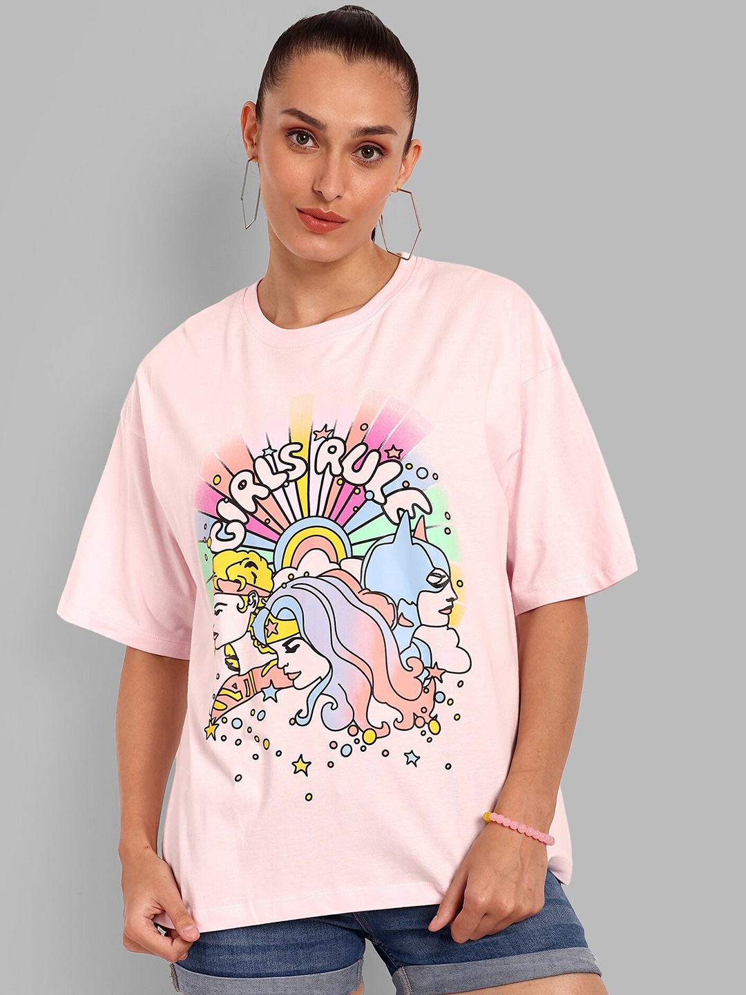 

HEYLAY Graphic Printed Drop-Shoulder Sleeves Pure Cotton Oversized T-shirt, Pink