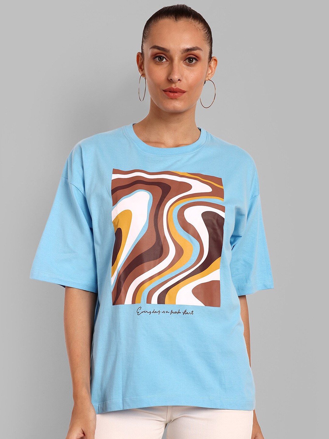 

HEYLAY Graphic Printed Drop-Shoulder Sleeves Pure Cotton Oversized T-shirt, Blue
