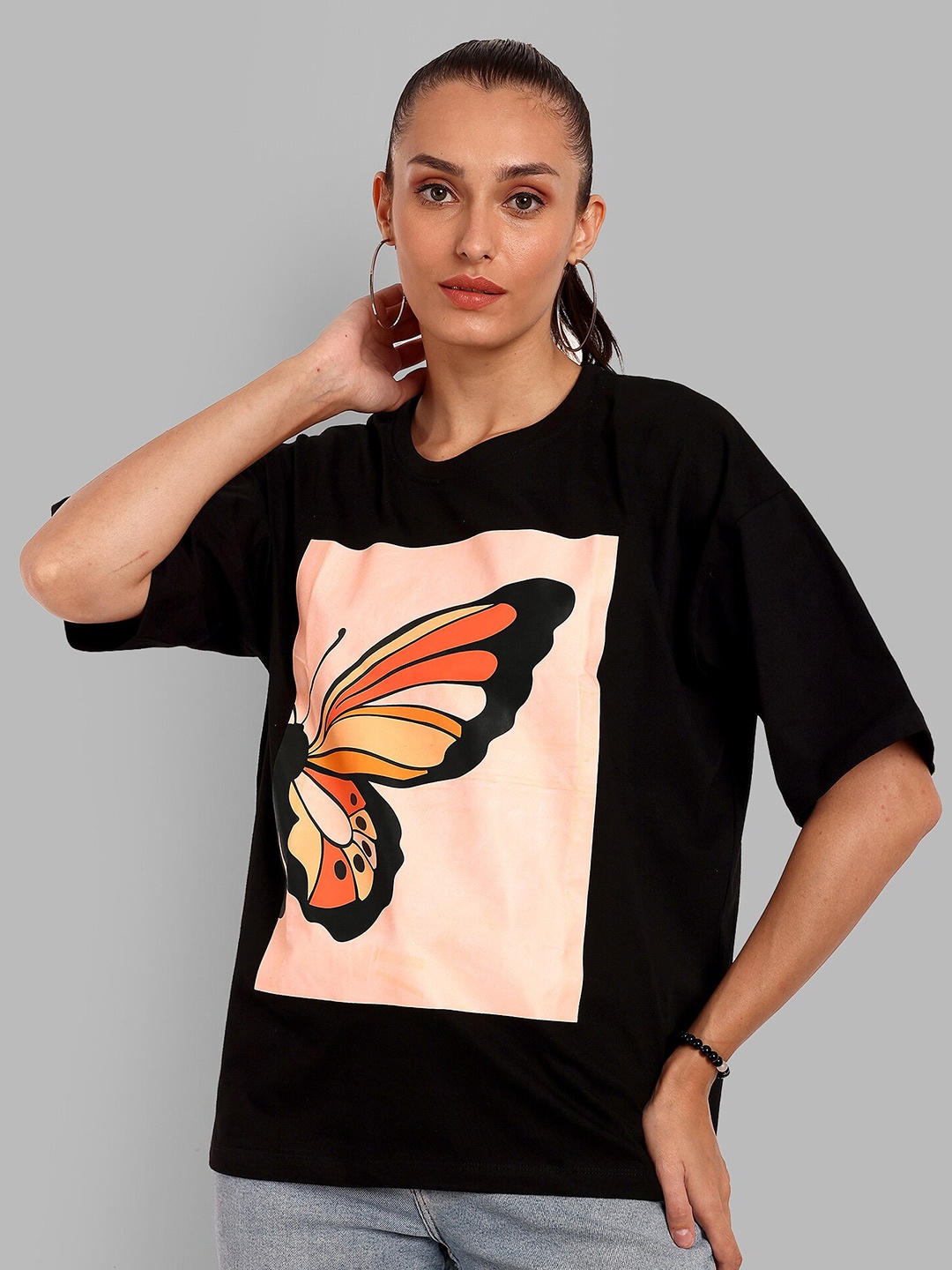 

HEYLAY Graphic Printed Drop-Shoulder Sleeves Pure Cotton Oversized T-shirt, Black