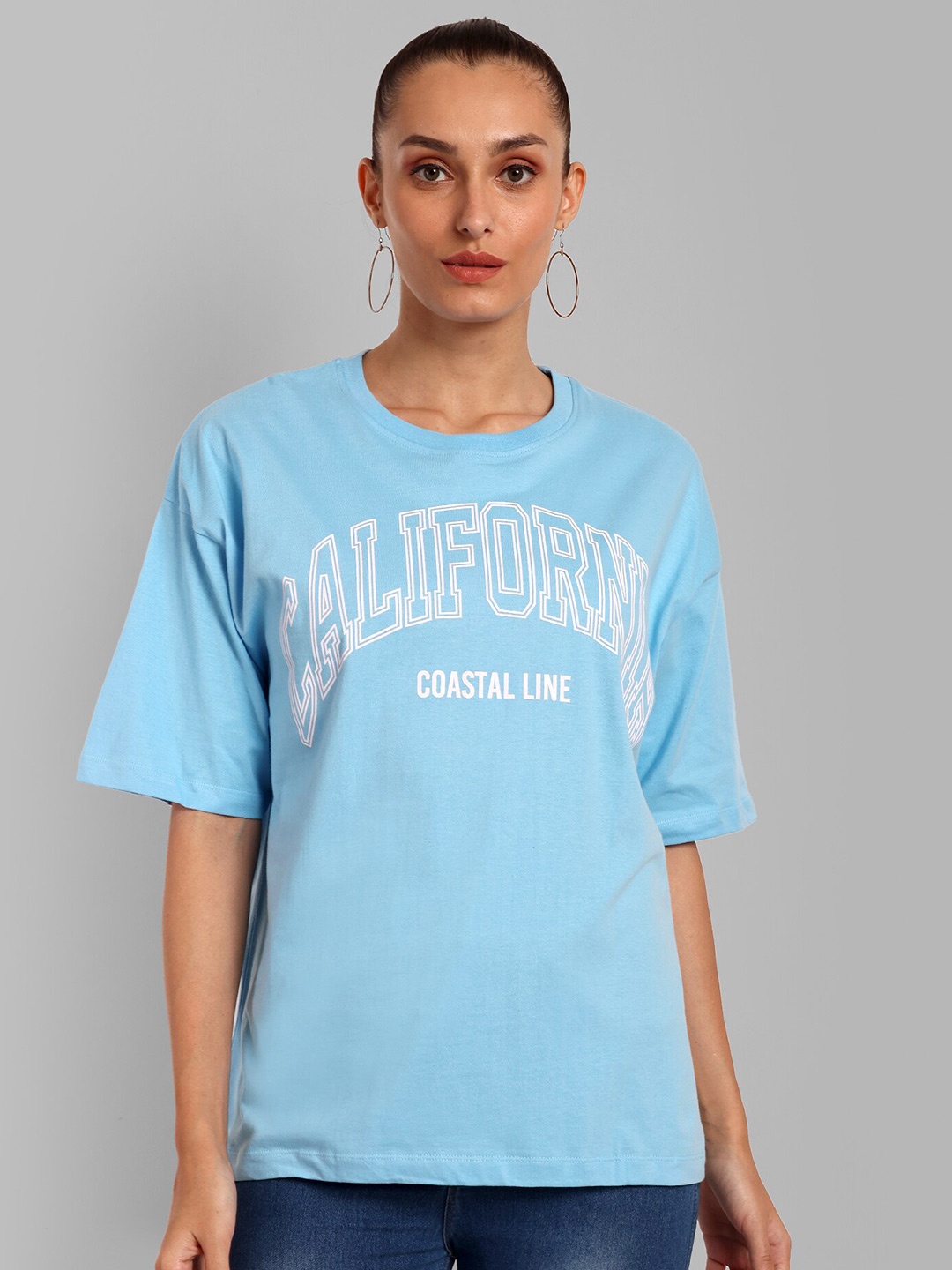 

HEYLAY Typography Round Neck Short Sleeves Pure Cotton Raw Edge T-shirt, Blue
