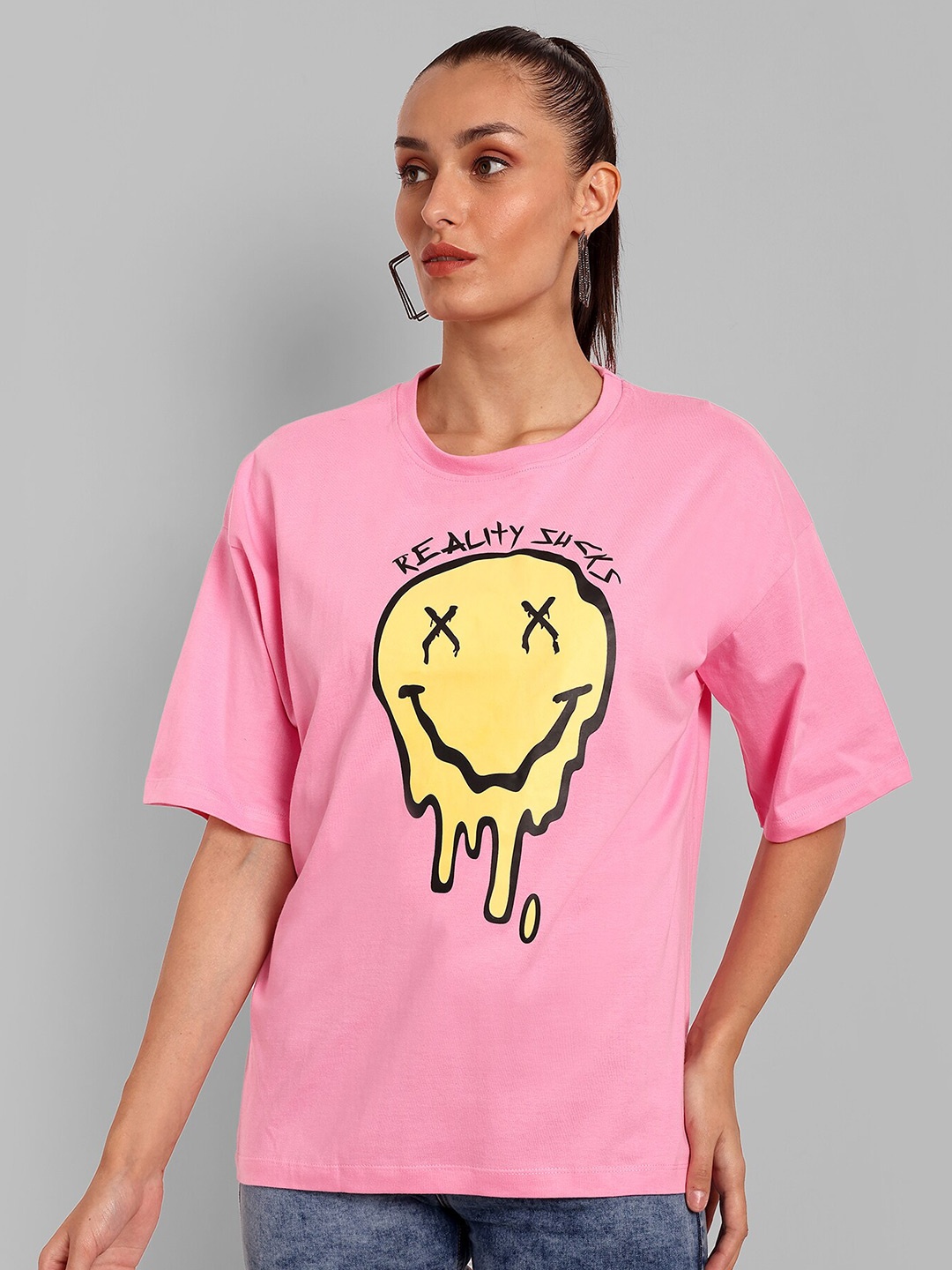 

HEYLAY Graphic Printed Drop-Shoulder Sleeves Pure Cotton Oversized T-shirt, Pink
