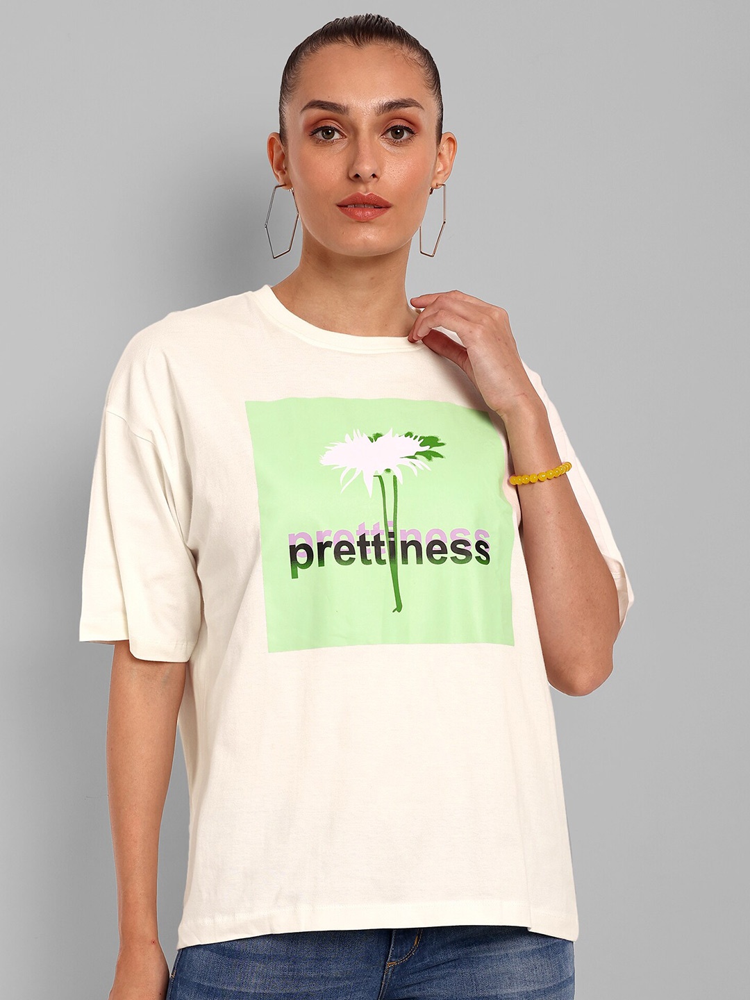 

HEYLAY Typography Printed Pure Cotton Oversized T-shirt, Off white