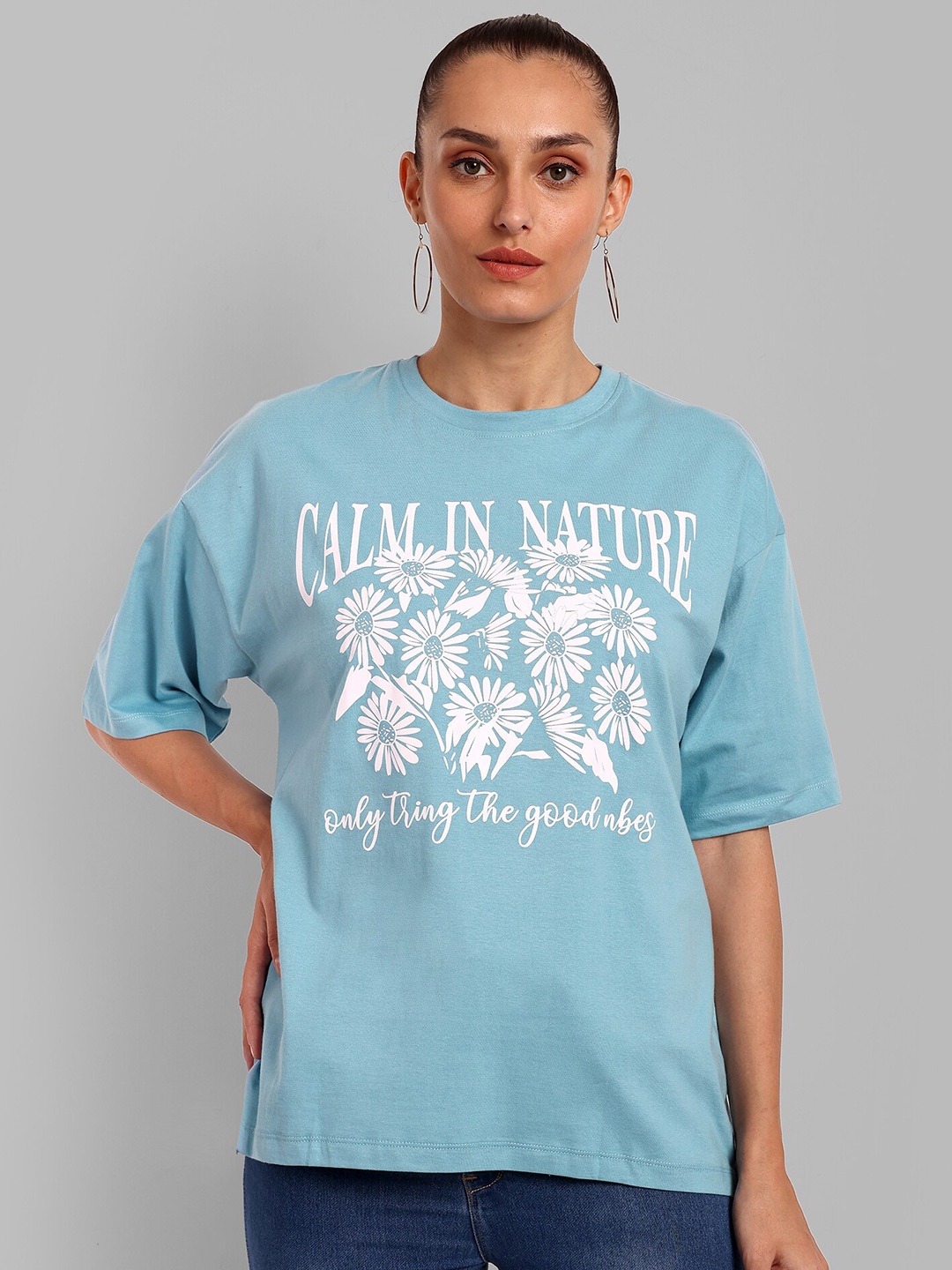 

HEYLAY Typography Printed Drop-Shoulder Sleeves Pure Cotton Oversized T-shirt, Blue