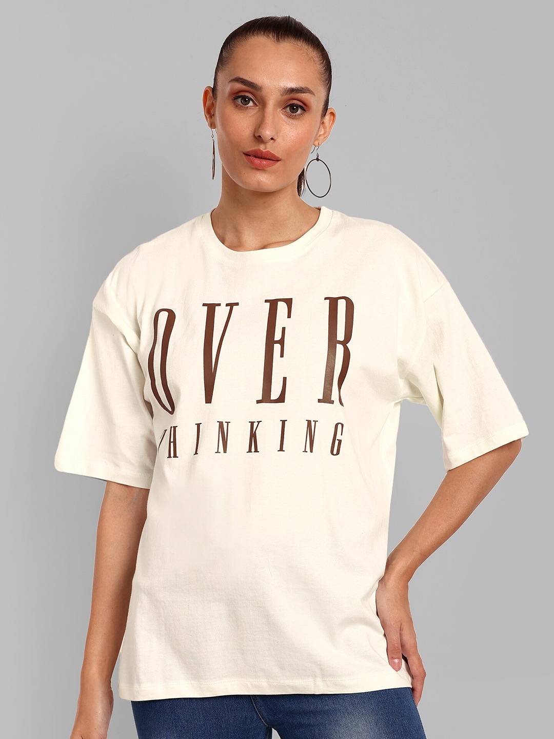 

HEYLAY Typography Printed Round Neck Short Sleeves Pure Cotton T-shirt, Cream