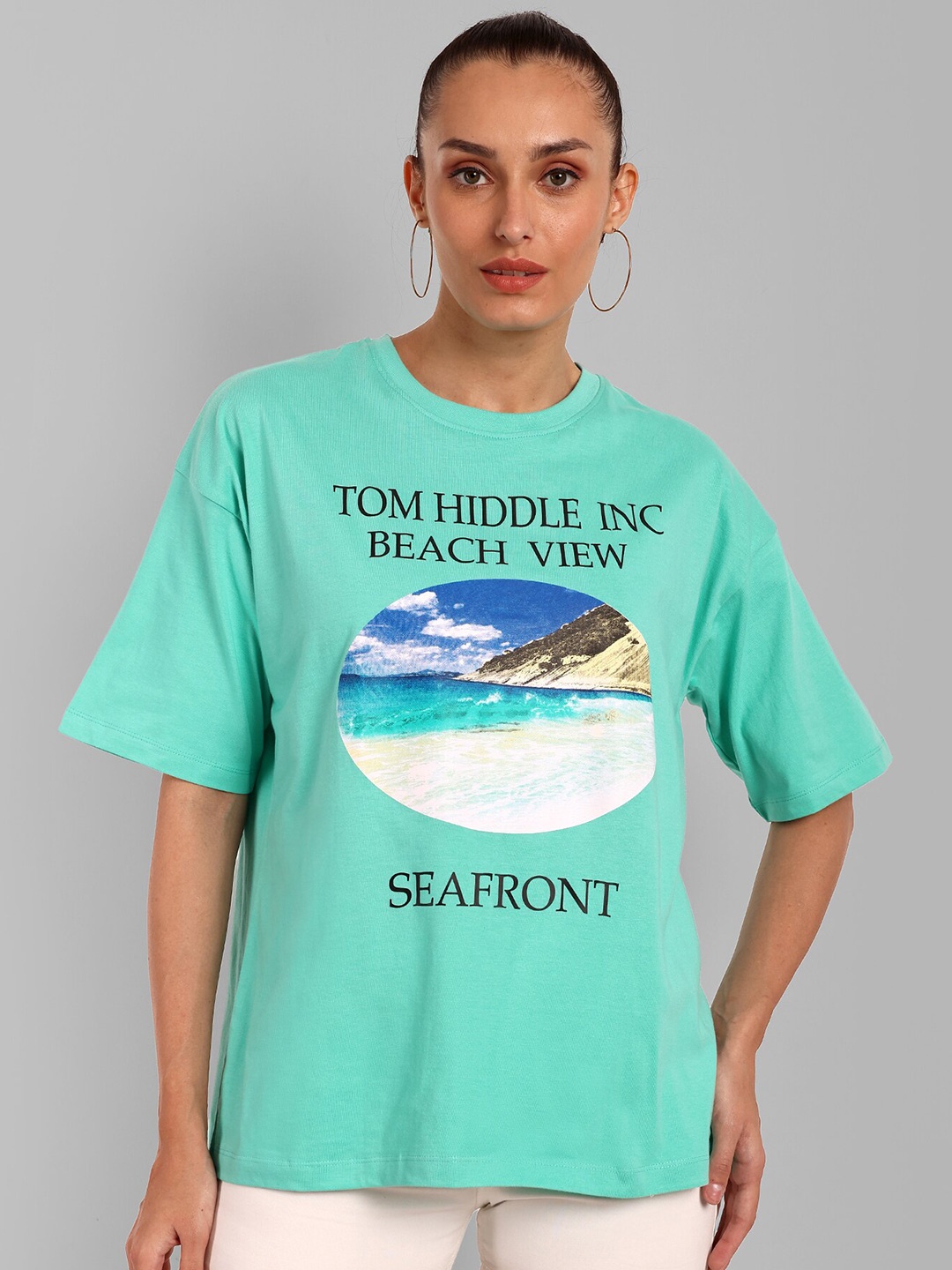 

HEYLAY Typography Printed Drop-Shoulder Sleeves Pure Cotton Oversized T-shirt, Green