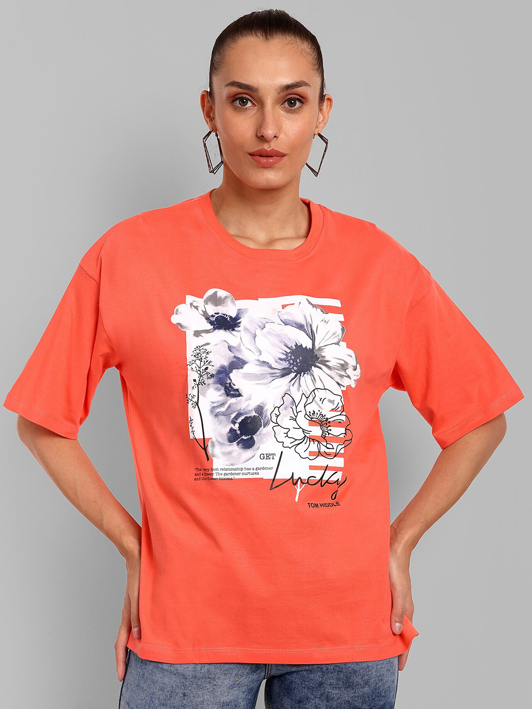 

HEYLAY Women Floral Printed Round Neck Short Sleeves Pure Cotton T-shirt, Orange