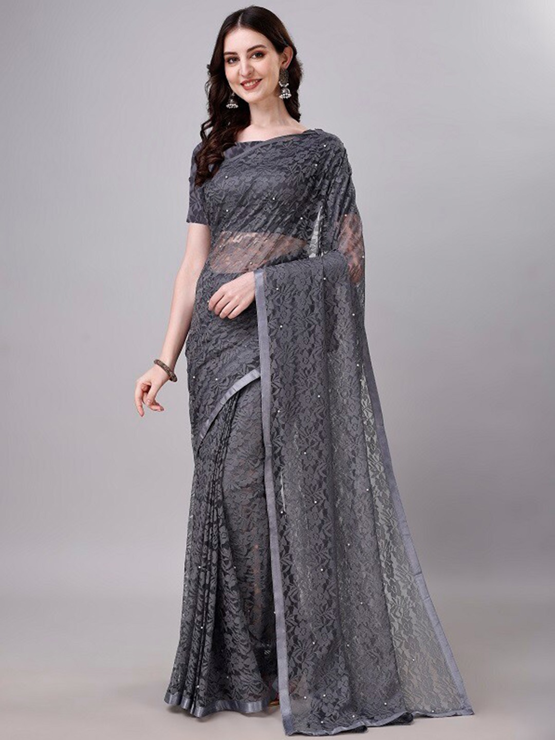 

LEOSAGI Floral Woven Design Net Maheshwari Saree, Grey