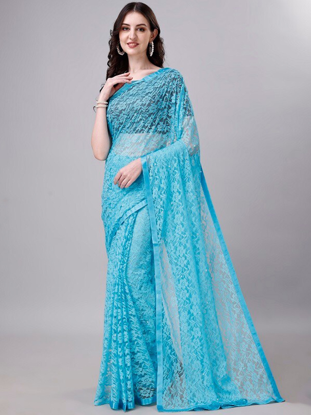 

LEOSAGI Floral Woven Design Net Maheshwari Saree, Blue