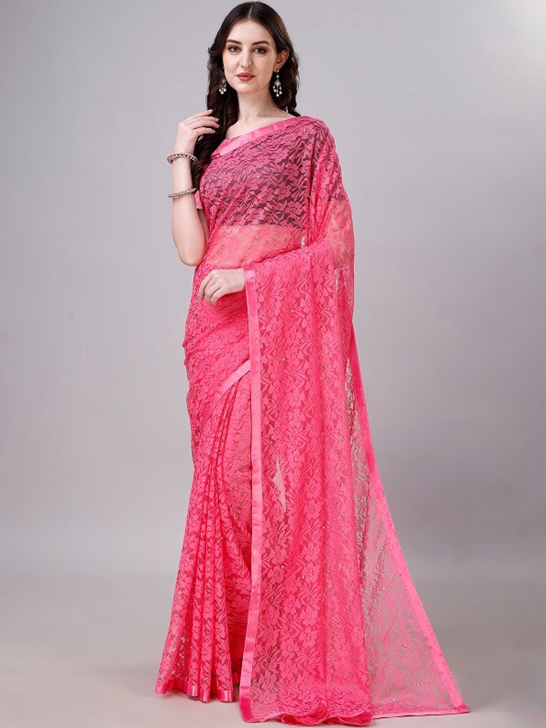 

LEOSAGI Floral Woven Design Net Maheshwari Saree, Pink