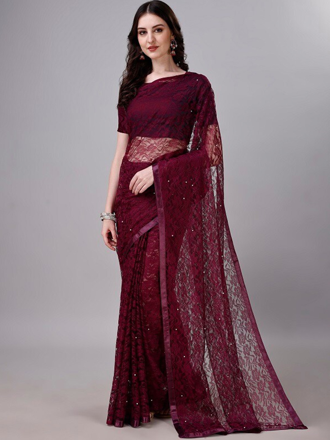 

LEOSAGI Floral Woven Design Net Saree, Maroon