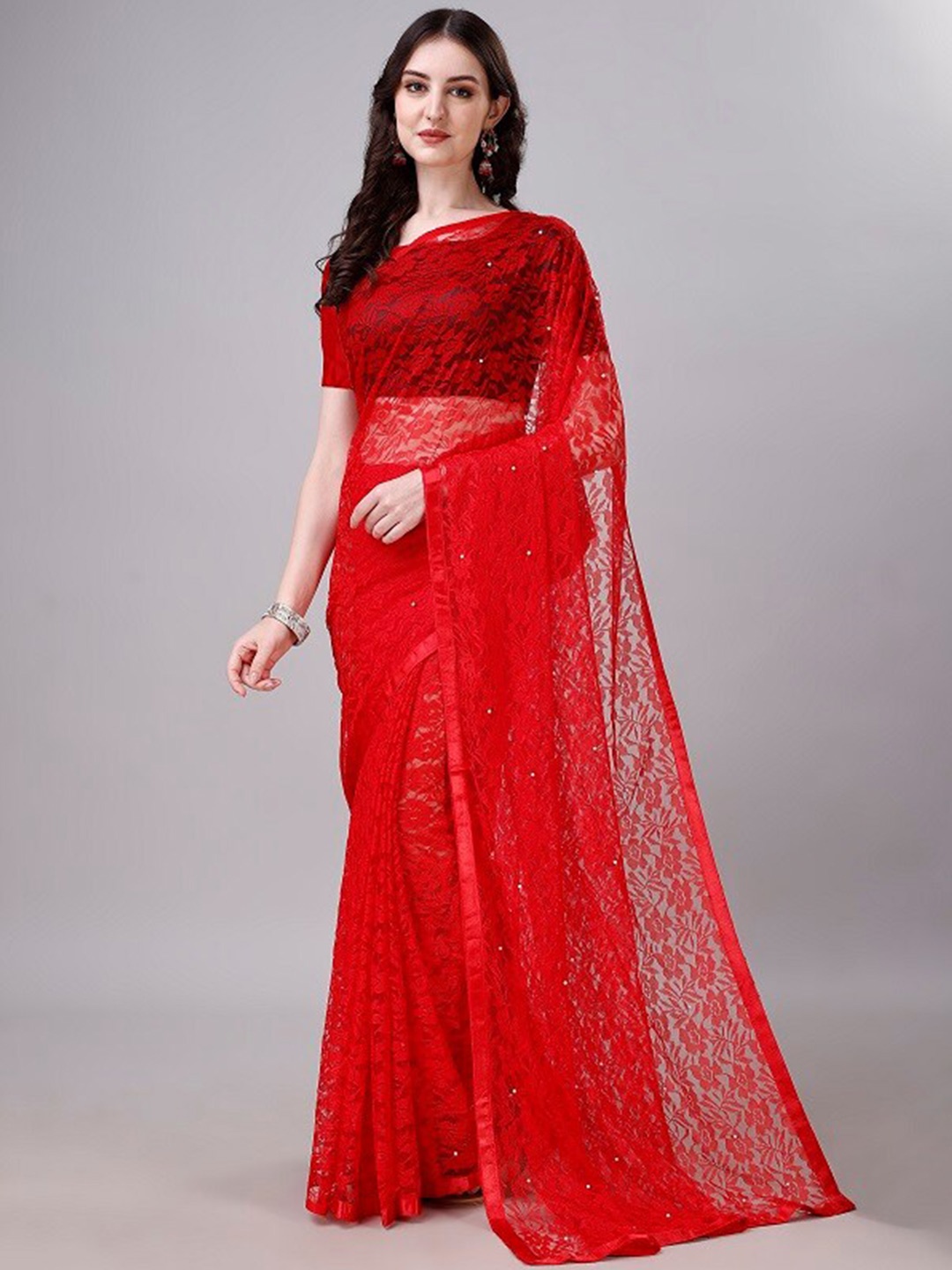 

LEOSAGI Floral Woven Design Net Maheshwari Saree, Red