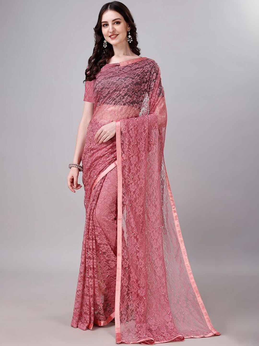 

LEOSAGI Floral Woven Design Net Maheshwari Saree, Pink