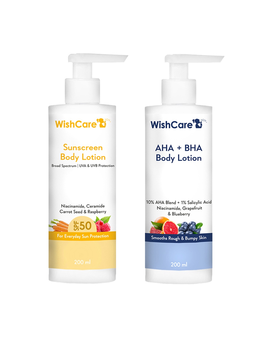

WishCare Sunscreen SPF 50 Body Lotion & AHA+BHA Body Lotion Combo - 200ml Each, Blue