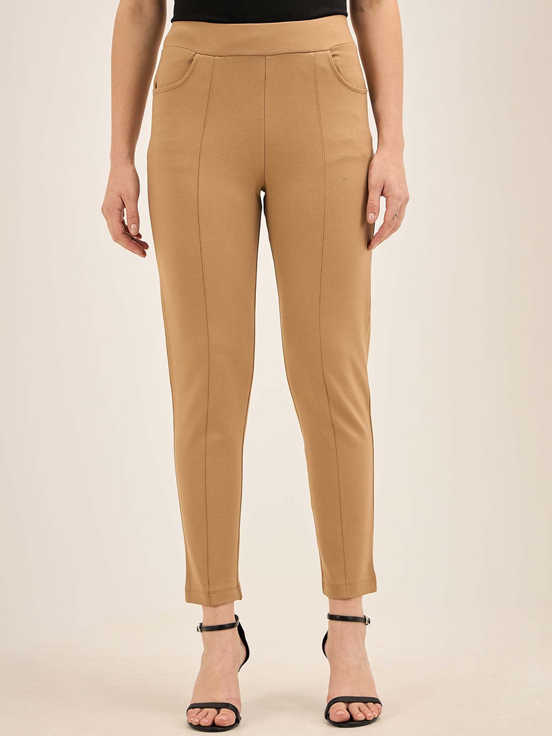 

SALT ATTIRE Women Slim Fit High-Rise Pleated Trouser, Beige