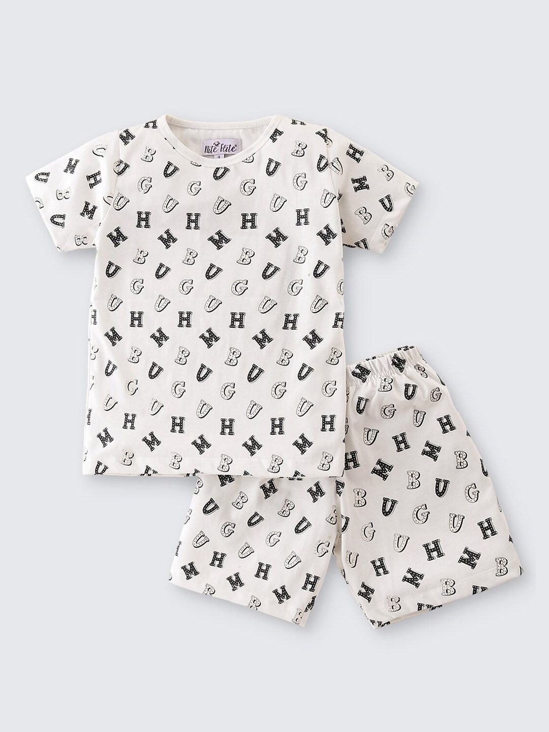 

Nite Flite Boys Typography Printed Pure Cotton Night suit, Off white