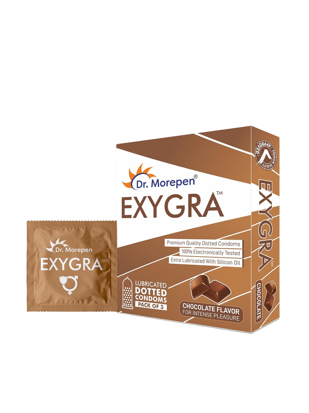 

Dr. Morepen Set Of 12 Exygra Dotted Lubricated Condoms - Chocolate Flavor, Brown