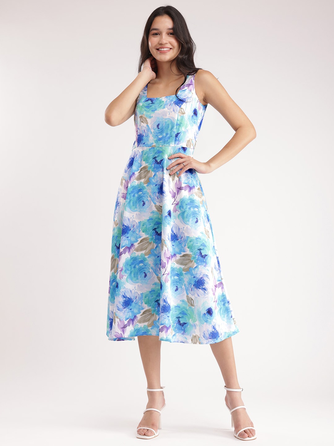 

FableStreet Floral Printed Fit & Flare Midi Dress, Blue