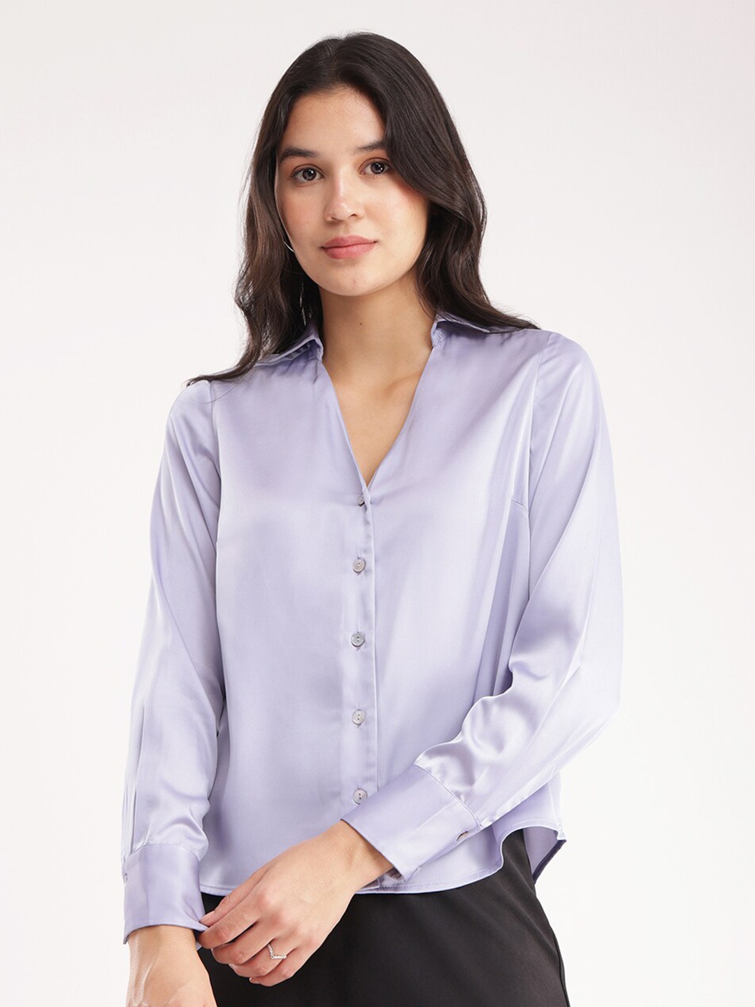 

FableStreet Spread Collar Long Sleeves Satin Casual Shirt, Purple