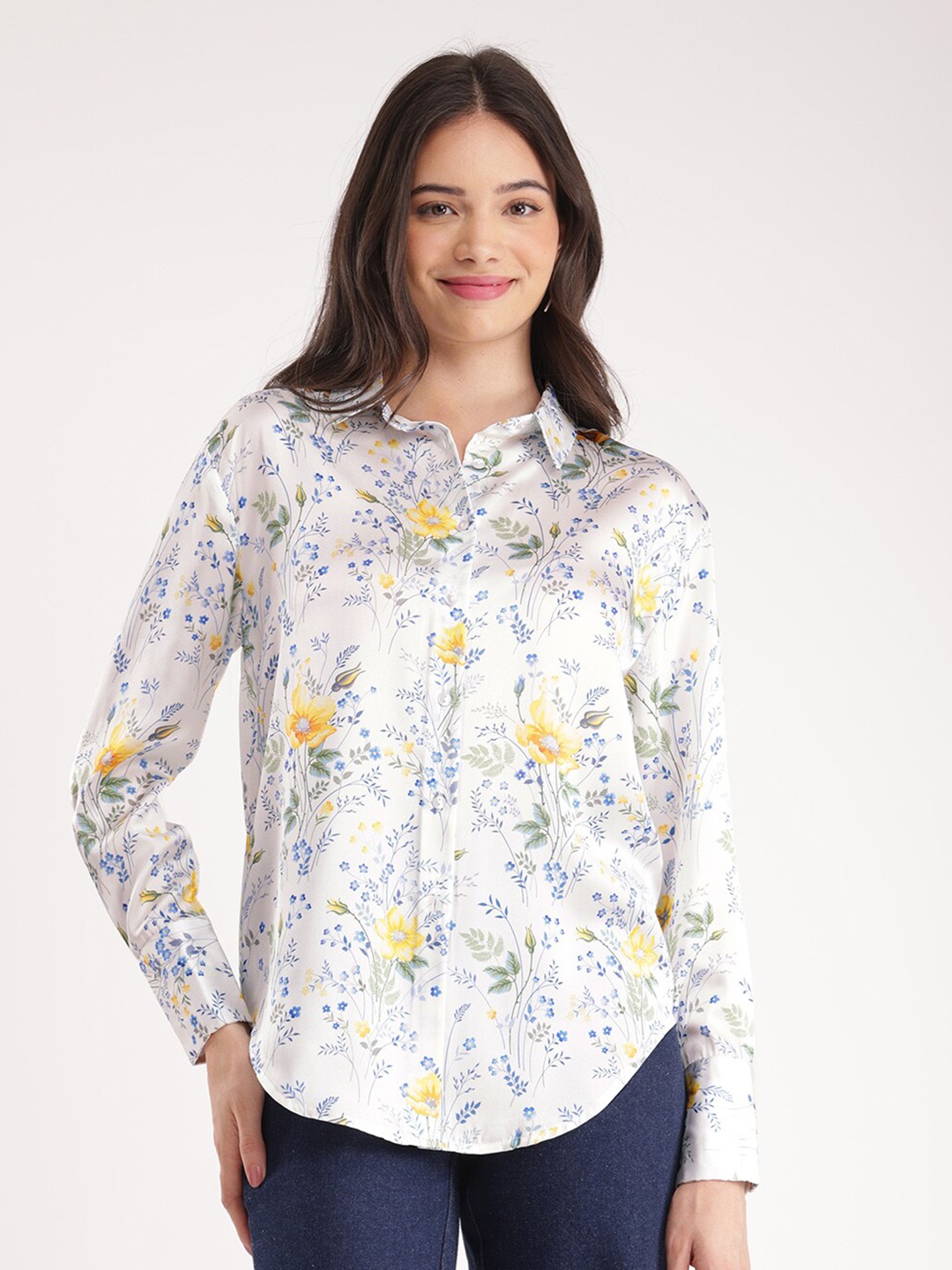 

FableStreet Floral Printed Spread Collar Long Sleeves Satin Casual Shirt, White