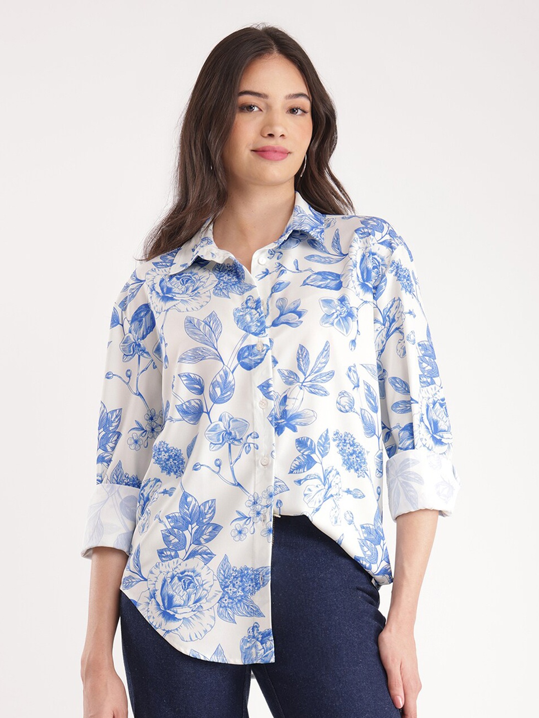 

FableStreet Floral Printed Spread Collar Long Sleeves Casual Shirt, Blue