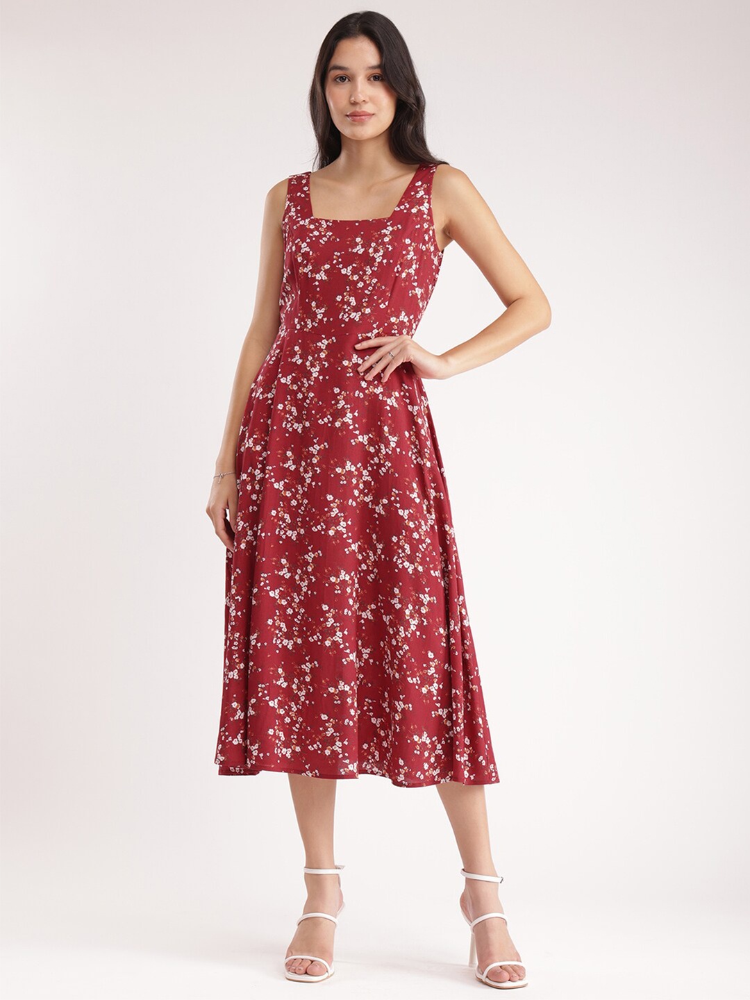 

FableStreet Floral Printed A-Line Midi Dress, Red