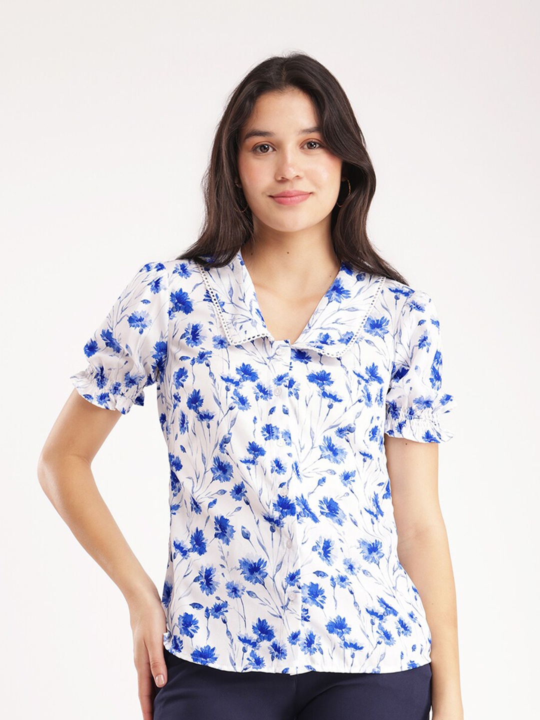 

FableStreet Shirt Collar Floral Print Puff Sleeves Regular Top, Blue