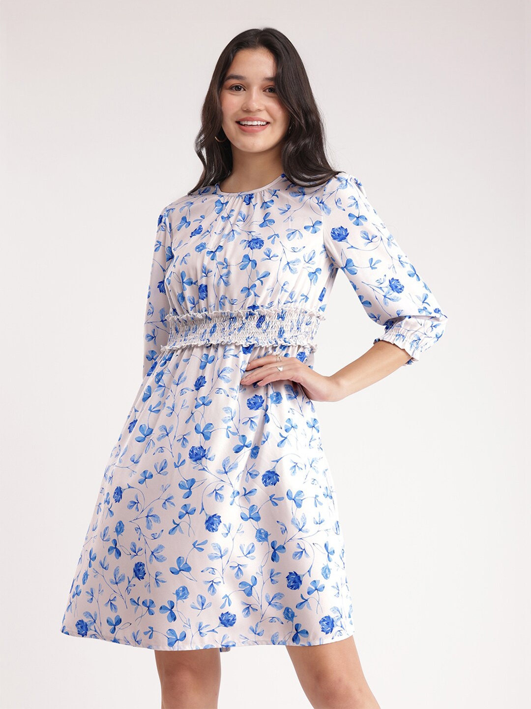 FableStreet Floral Printed Round Neck Formal Fit & Flare Dress, Blue