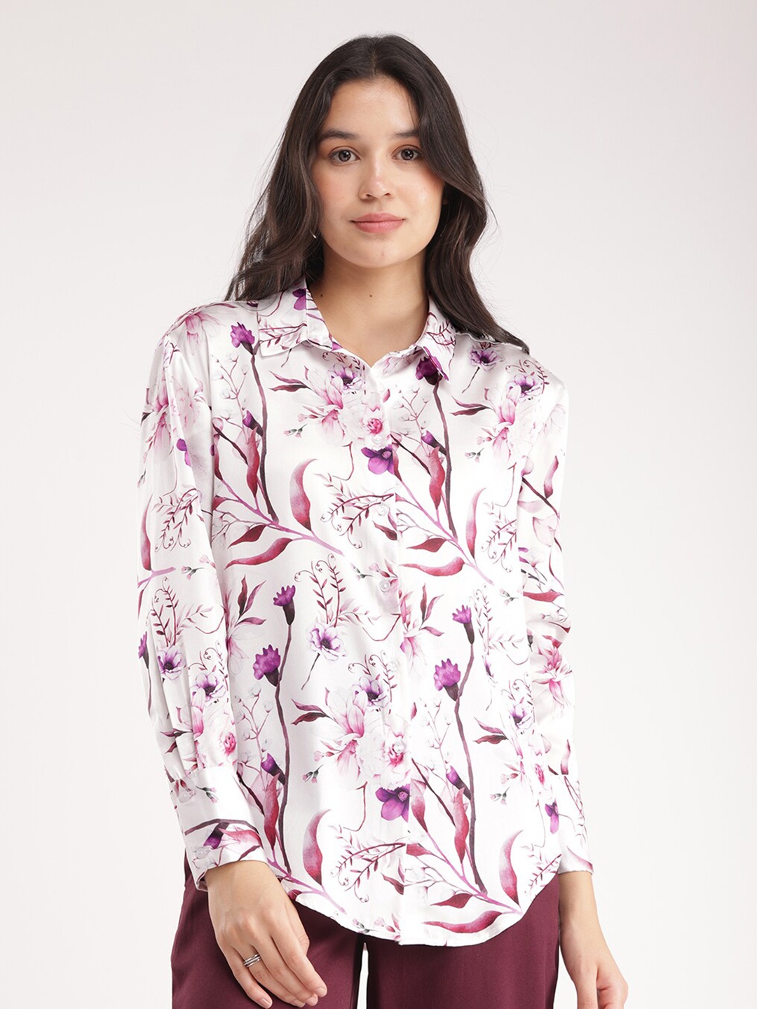 

FableStreet Floral Printed Spread Collar Long Sleeves Satin Casual Shirt, White