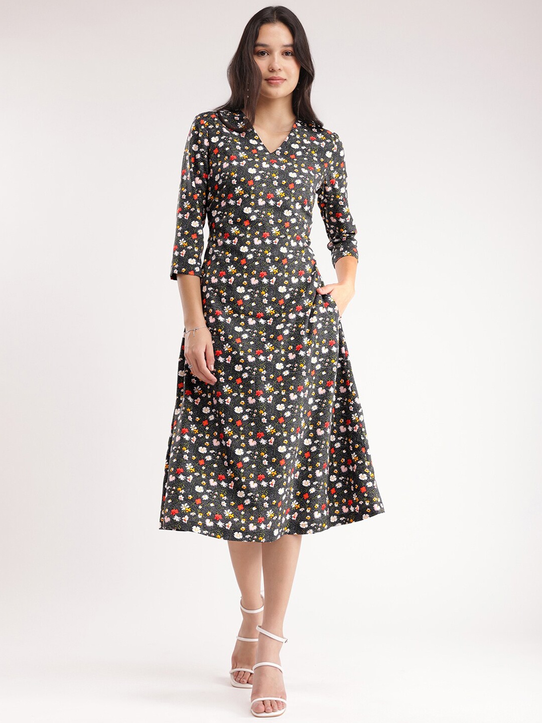 

FableStreet Floral Printed Shirt Midi Dress, Black