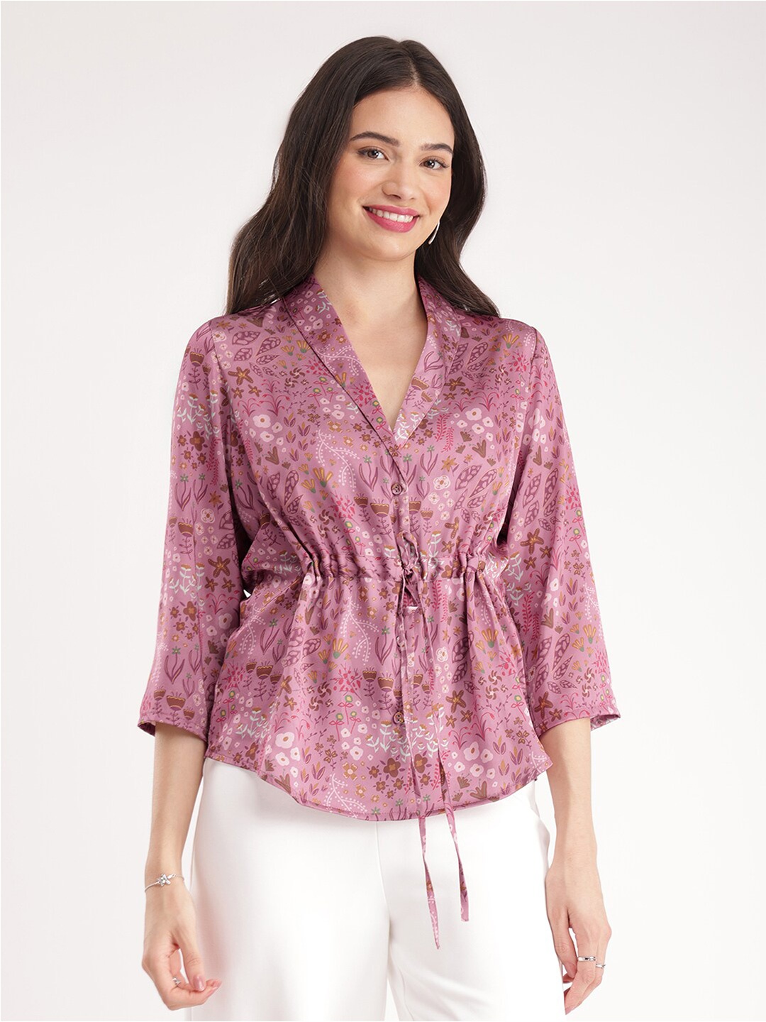 

FableStreet Floral Printed Satin Cinched Waist Top, Pink