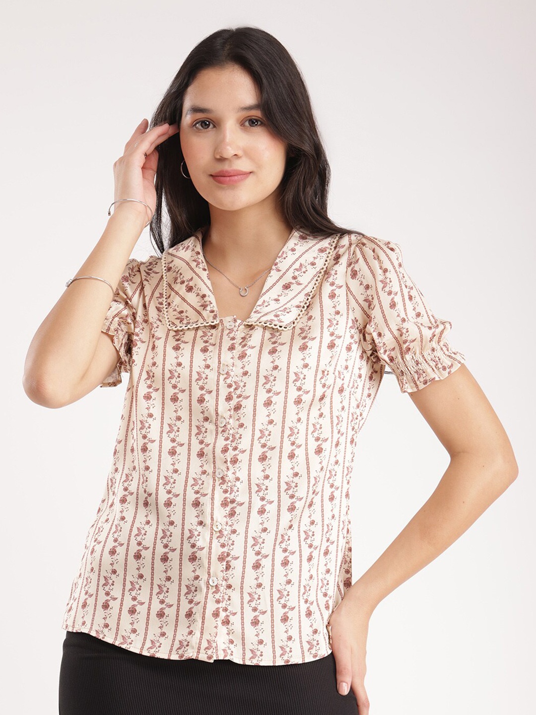 

FableStreet Floral Printed Puff Sleeve Satin Top, Beige